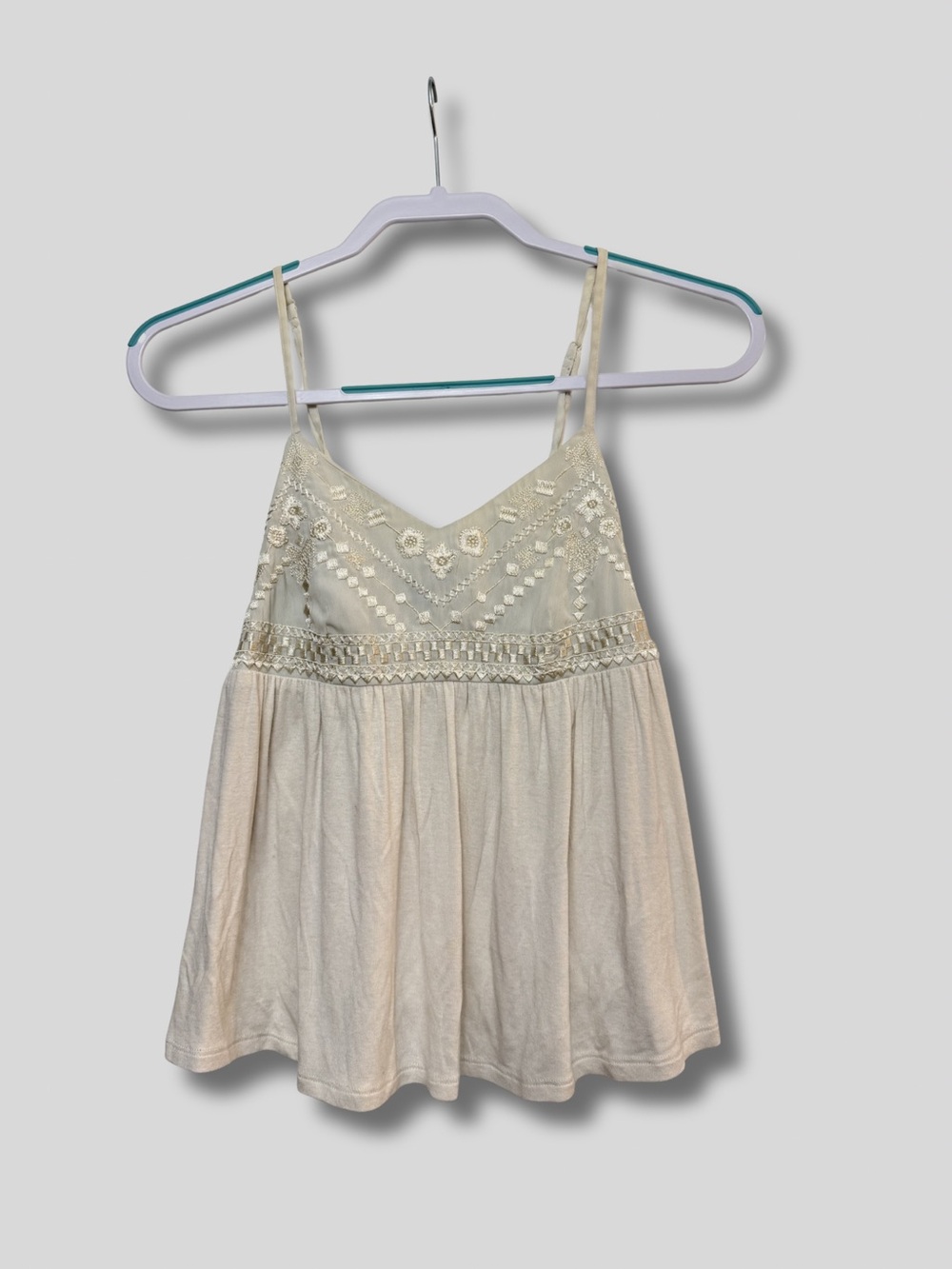 American Eagle Outfitters Ivory Embroidered Spaghetti-Strap Baby Doll Tank